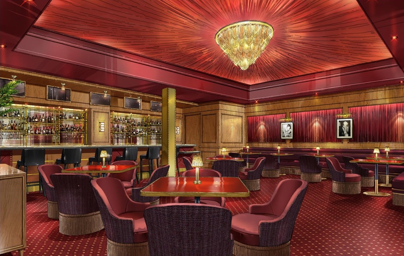 Rendering of Maître D Scottsdale: red lacquered ceiling, crystal chandelier and velvet lounge chairs